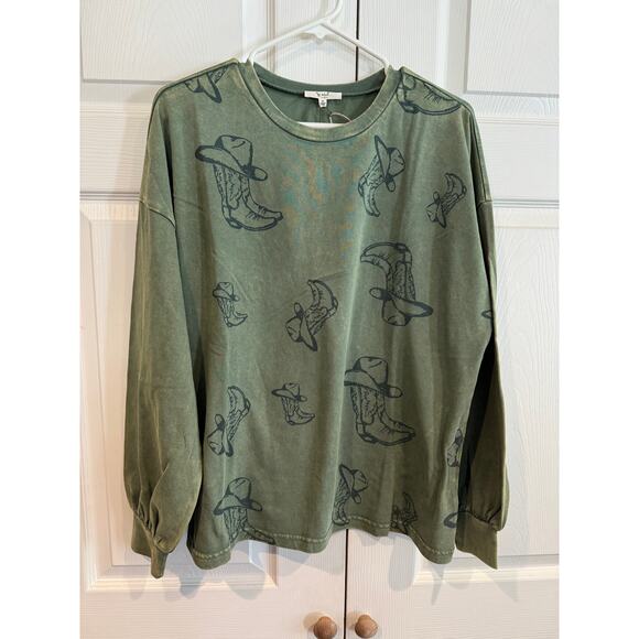NEW Easel Western Cowboy Western Boho Boot Hat Print Green Sweater - Picture 1 of 7